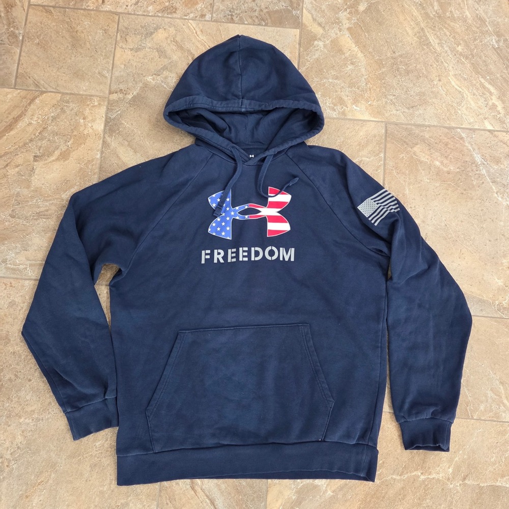 Under Armour Freedom Hoodie Mens Medium Navy Blue American Flag Logo Sweatshirt